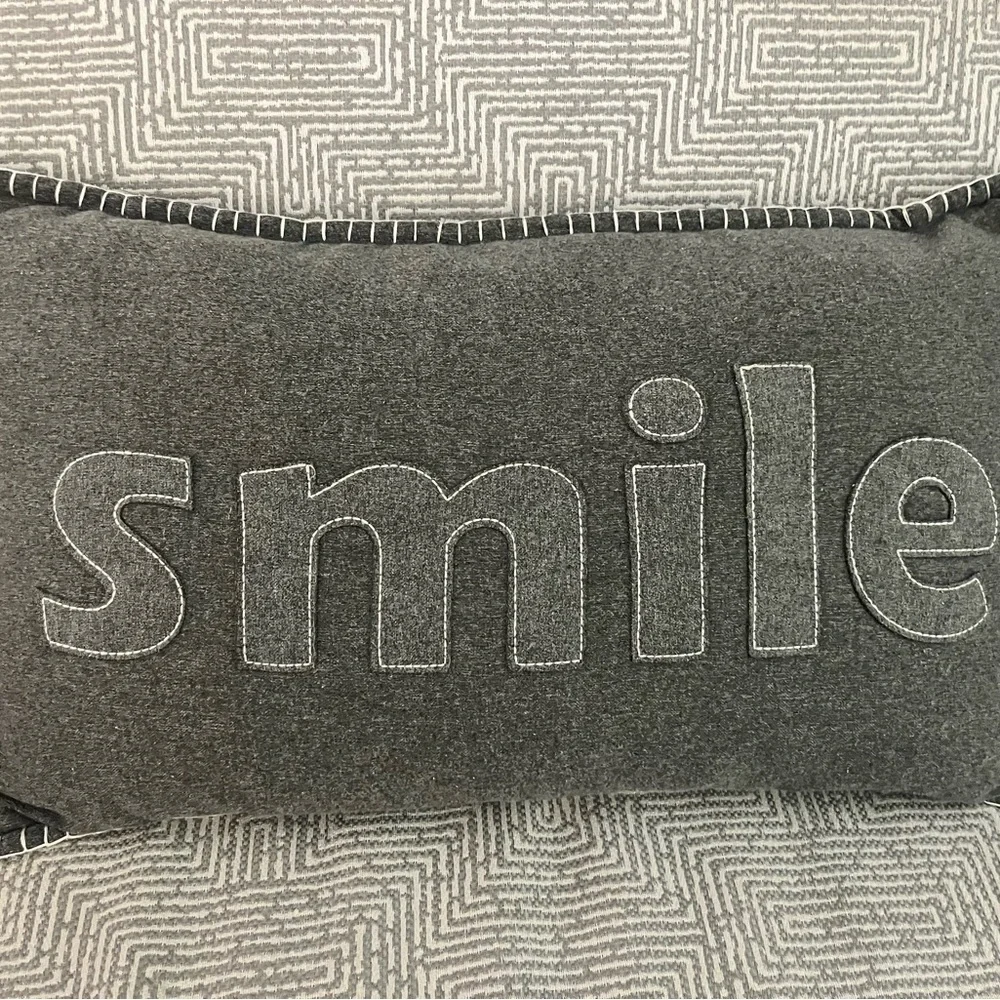 EMBROIDERED SMILE DECORATIVE THROW PILLOW, LUMBAR PILLOW, 12” x 20” - Picture 2 of 5
